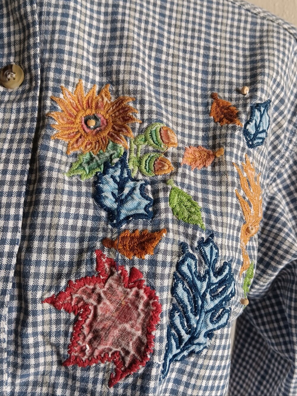 90s Fall Embroidered Leaf Blue Gingham Cropped Button-Up Cut-off Sz. Small - Picture 5 of 11